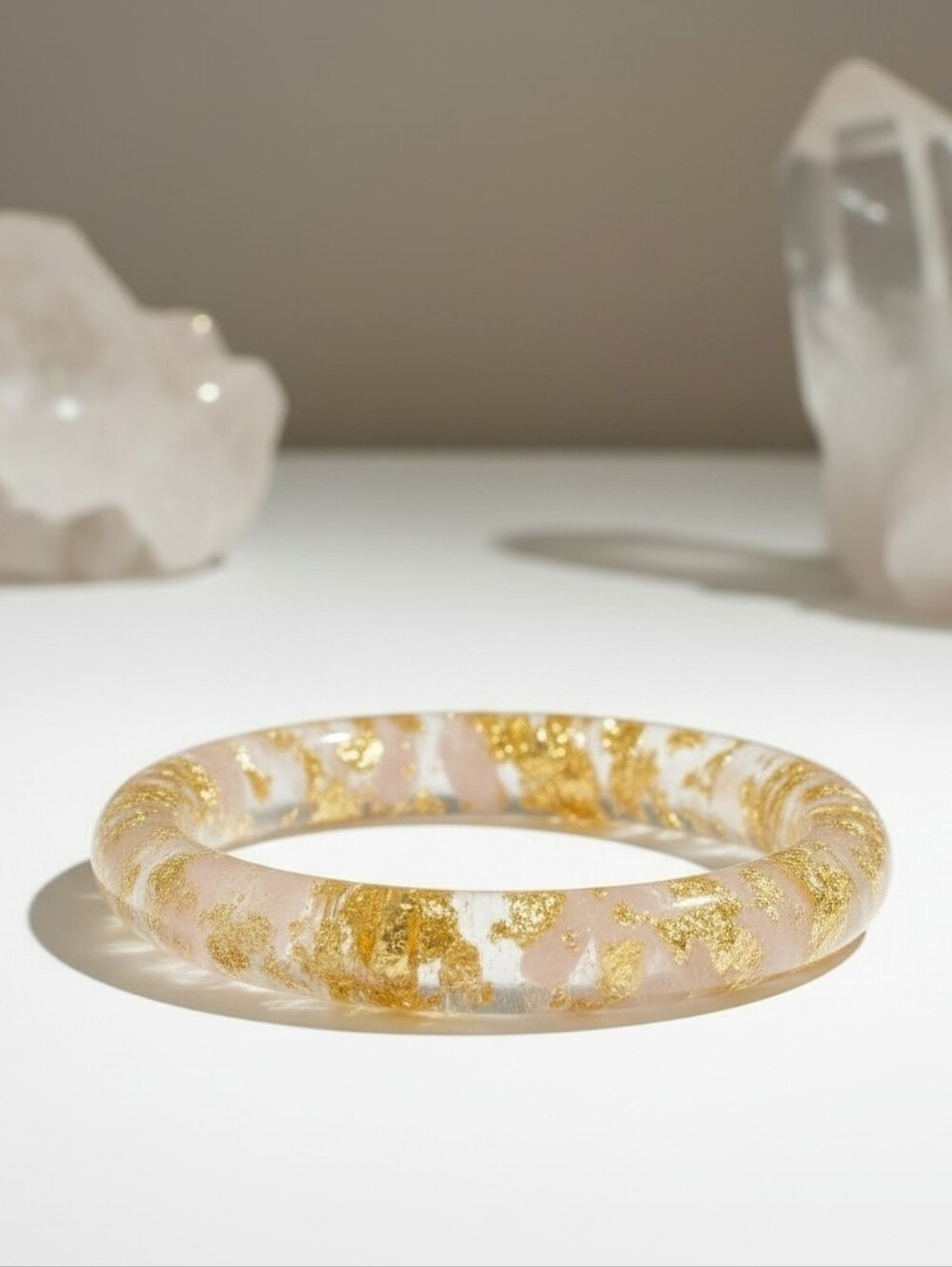 Earth Art hand crafted artisan Rose Pink Resin Bracelet with Gold Leaf